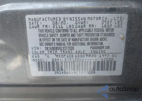 2020 Nissan Sentra S Xtronic Cvt z USA, uszkodzony, nr VIN 3N1AB8BV8LY277028